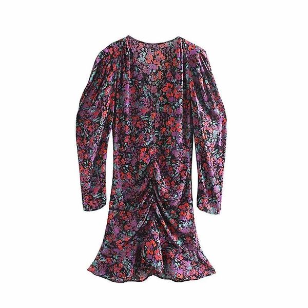 

casual dresses vintage flower print puff sleeve women pleated mini dress leisure lady v neck slim d3677, Black;gray