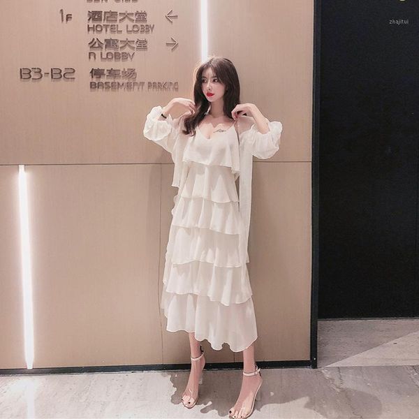 

summer style fragrant cardigan + mid-length suspender skirt two-piece foreign net red temperament set two piece dress, White