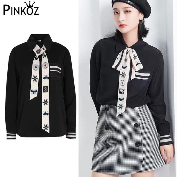 

casual celebrity bow collar letter printed blouse women streetwear black shirt lady loose spring za blusas mujer de moda 210421, White