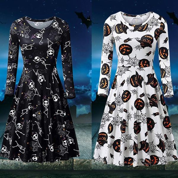 

casual dresses funny cute halloween costume women pumpkin print dress ladies long sleeve o-neck printed flared party suits, Black;gray