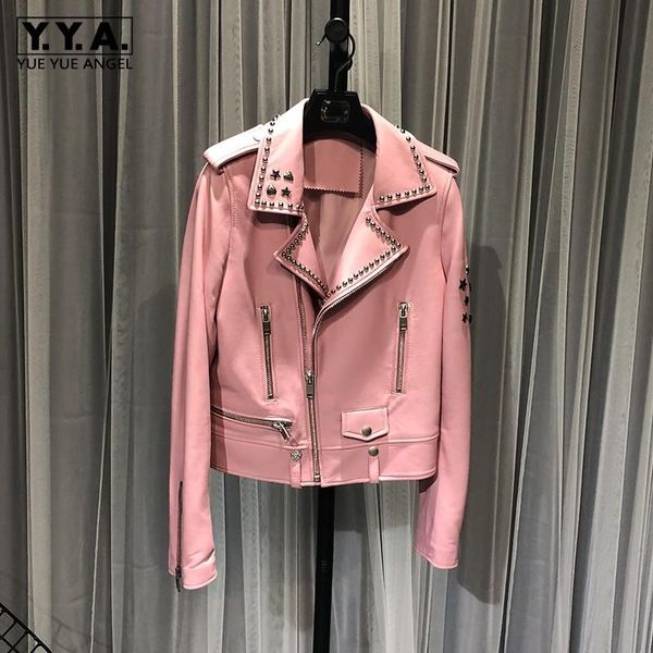

women's leather & faux women pink sheepskin genuine jacket short rivets star studded punk style coat ladies runway biker, Black