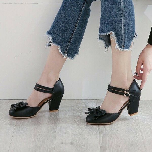 

dress shoes casual women lolita mary jane round toe bowknot block heels buckle strap, Black