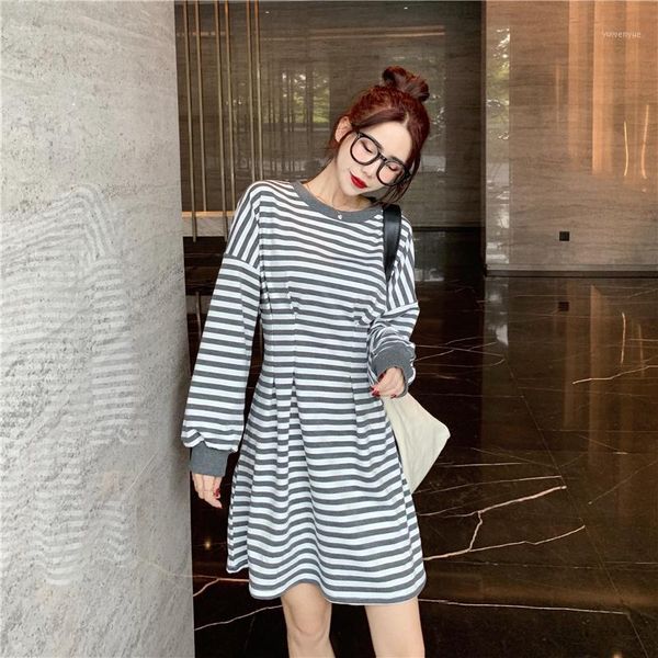 

casual dresses women's clothing spring autumn o-neck long sleeve striped mini-dress fashion brand vestidos korean style aesthetic, Black;gray