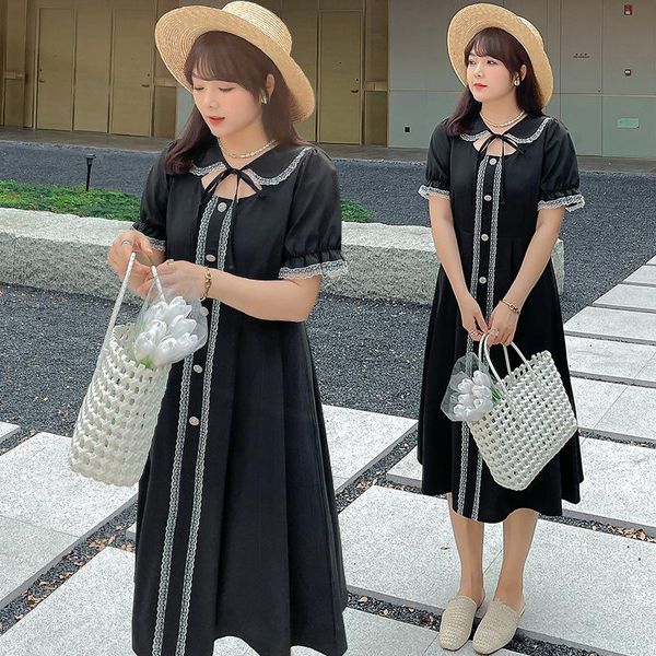 

plus size dresses women's summer korean lace lapel slim fit dress, Black