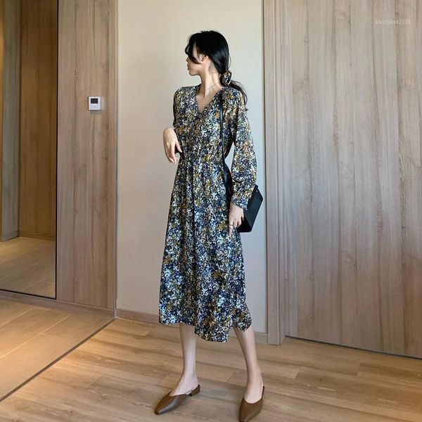 

casual dresses coigarsam vintage full sleeve women dress spring print chiffon ribbons high waist v-neck marble send in 36787, Black;gray