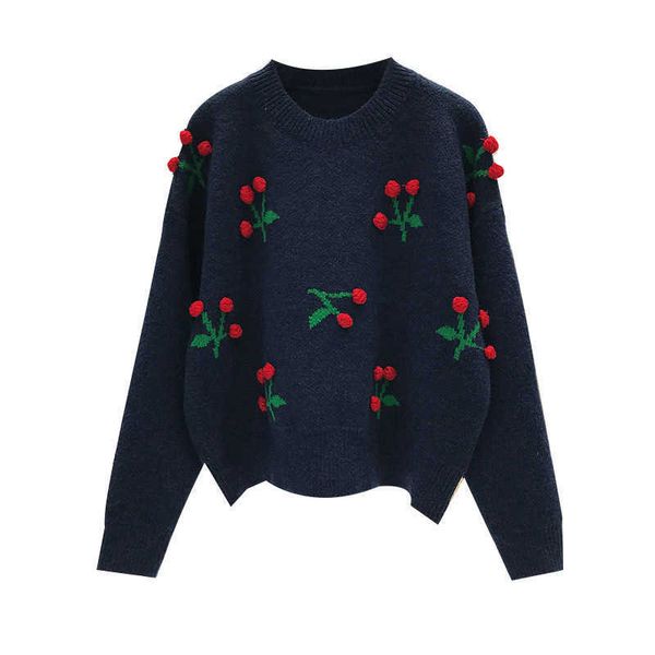 

perhaps u women sweater knitted pullovers long sleeve crew neck navy blue red cherry fur ball m0344 210529, White