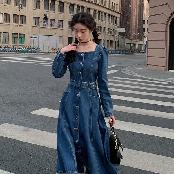 

casual dresses retro fashion elegance denim dress long sleeve spring cinched slimming women 2021, Black;gray