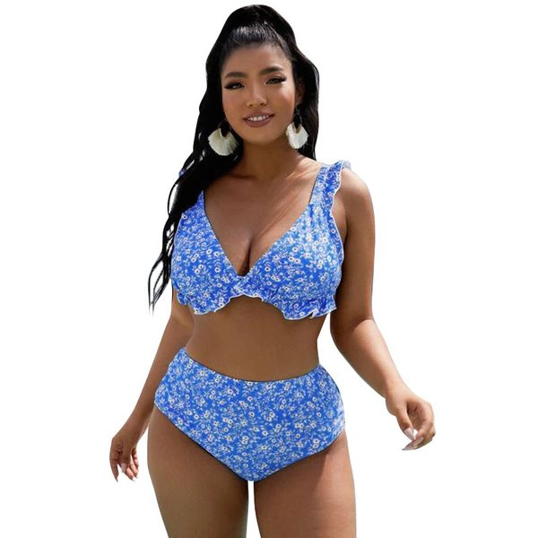 Bikini de cintura alta Plus Size Swimwear Mulheres Sexy Ruffle Push Up Swimsuit Feminino Feminino Floral Banhando Summer Summer Beach Wear 4xL 210520