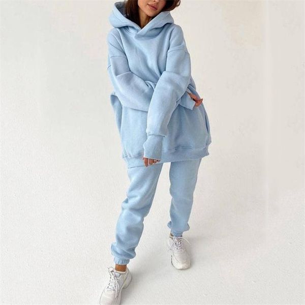 

women's fleece tracksuit oversized hooded suit solid hoodies and jogger pants 2 pieces sets female autumn winter casual 211105, White