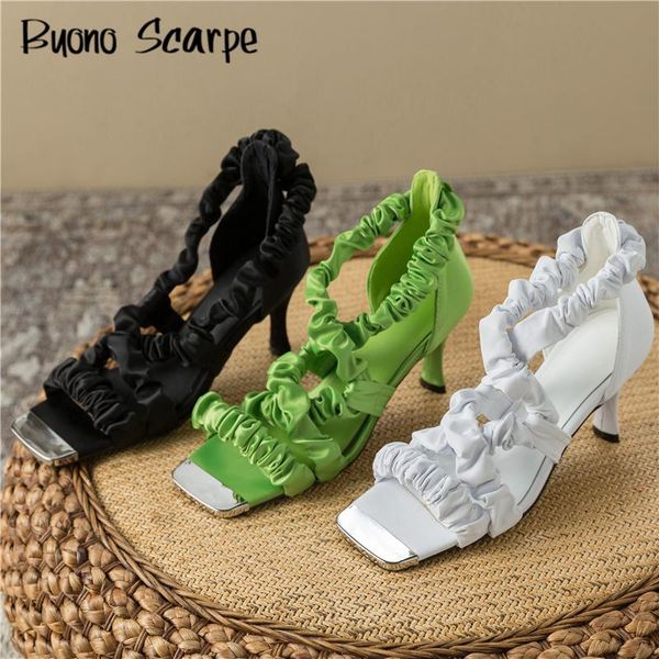 

dress shoes high heel gladiator pleated elastic band heels silk thin pumps summer designer chaussures open toe party, Black