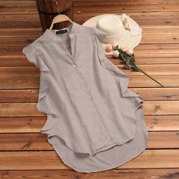 

summer ruffles blouse elegant women v neck sleeveless shirt casual ol tunic solid tanks flounce blusas chemise women's blouses & shirt, White