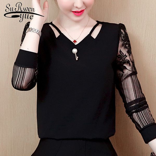 

lace v neck women shirts hollowed-out chiffon blouse women's long sleeve womens and blouses femininas blusas 2314 50 210521, White