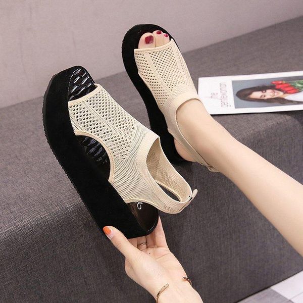 

increasing height shoes sandals straps slip-on loafers summer women's clear heels flat platform female shoe2021 dress, Black