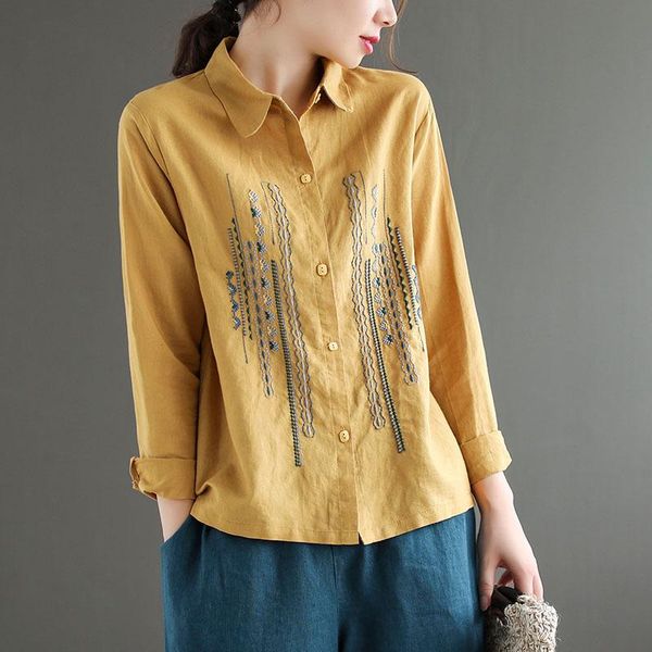 

women's blouses & shirts johnature 2021 autumn retro embroidery turn-down collar long sleeve simple comfortable single breasted women, White