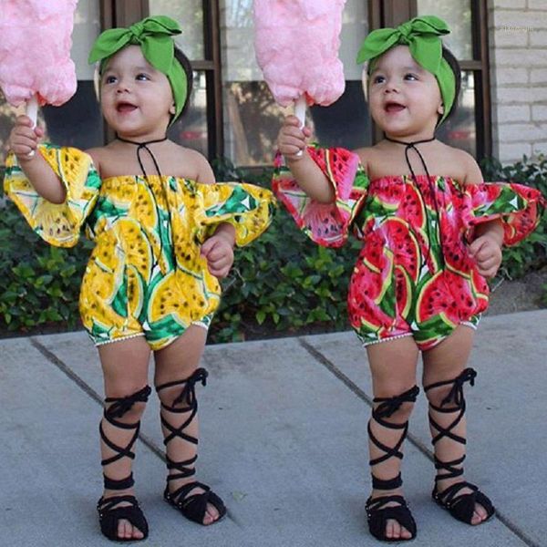 

*45 summer baby romper fashion born girl clothes off shoulder watermelon print jumpsuit headband 2pcs outfits set jumpsuits, Blue