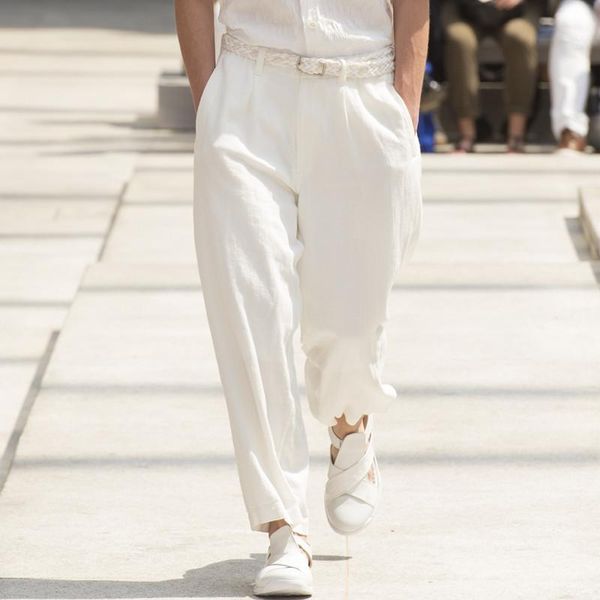 

men's pants linen loose wide leg trendy large size cotton harem casual men, Black