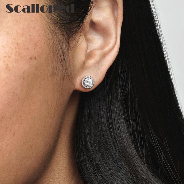

stud scalloped luxury crystal round earrings bridal wedding fine jewelry cubic zirconia for women valentine's day gift, Golden;silver