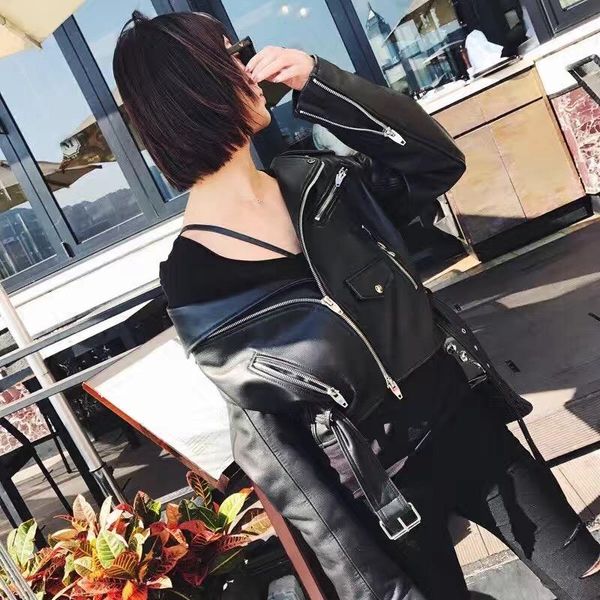 

women's leather & faux lady genuine sheep jacket women real lambskin coat, Black