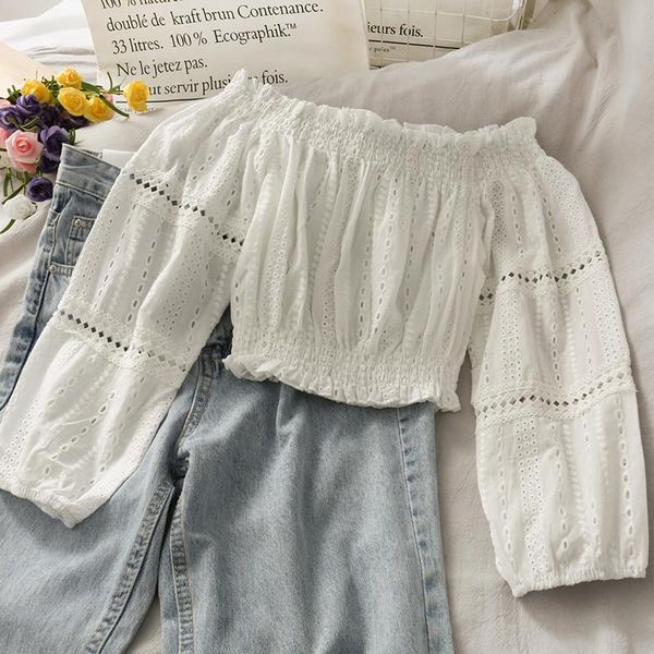 

women's blouses & shirts white crop sweet style slash neck korean female hollow out long sleeve clothing fashion brand