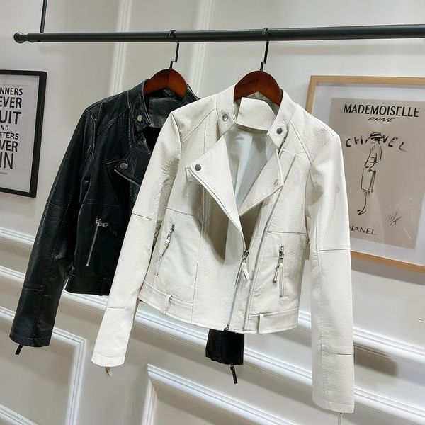 

women's leather & faux fmfssom autumn spring zipper stand collar pu jacket slim buttons women female motorbike, Black