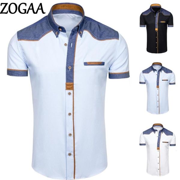 

summer men shirt short sleeve casual patchwork lapel shirts slim fit cowboy jean cool dress for clothing men's, White;black
