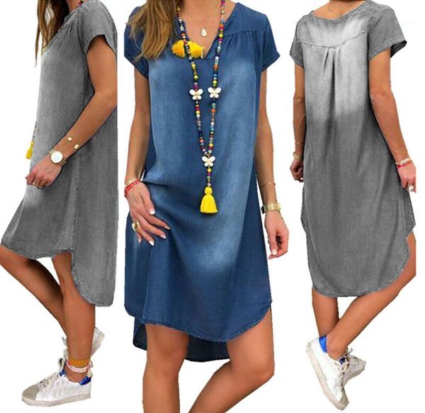 

summer v-neck pullover short sleeve denim dress two piece, White