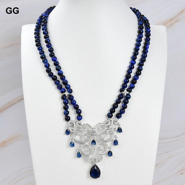 

pendant necklaces guaiguai jewelry natural stone 18" round blue tiger's eye necklace cubic zirconia pave, Silver