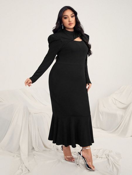 

plus cut out mock neck gigot sleeve mermaid hem dress o3jv#, Black
