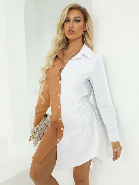 

color-block button up shirt dress c0rr#, Black;gray