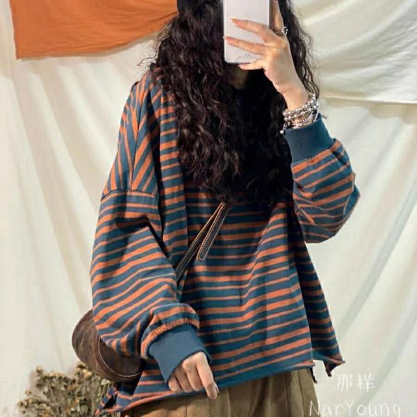 

women's t-shirt autumn loose casual versatile stripe long sleeve round neck, White