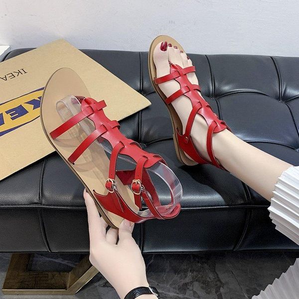 

sandals women flat 2021 summer rome fashion round toe leather vintage buckle strap brown female casual shoes, Black