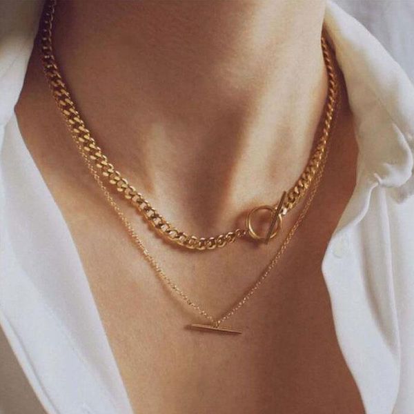 

chokers fashion simple layered ot buckle necklace female vintage double chain geometric pendant collar jewelry gift, Golden;silver