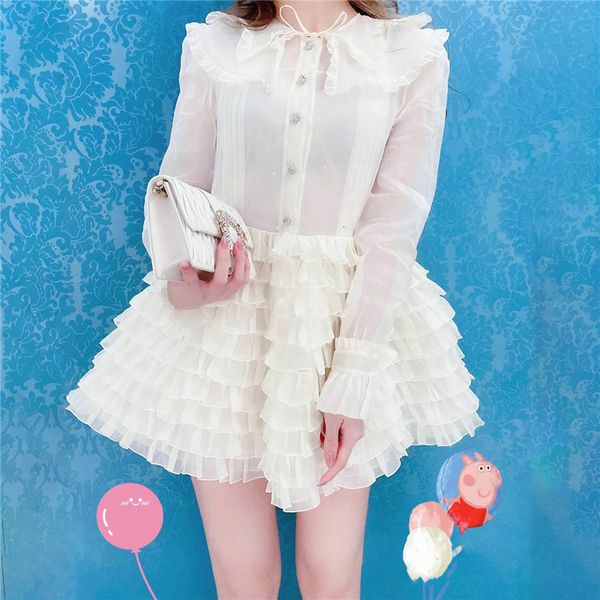 

dresses runway brand women ball gown 2021 spring cute peter pan collar long sleeve ruffles white cake mini, Black;gray
