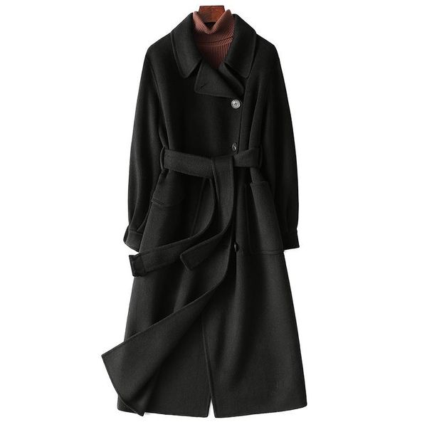 

women's wool & blends 2021 fashion slim double-sided woolen coat spring long, Black