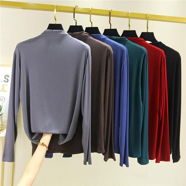 

women's t-shirt 100% cotton long sleeve solid turtleneck women high stretch slim spring autumn skinny basic bottoming tshirt tight, White