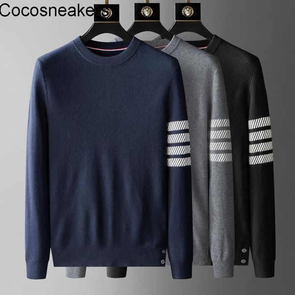 

men's sweaters light luxury high-end texture cotton wool contrast ribbon autumn thick comfortable warm round neck sweater, White;black