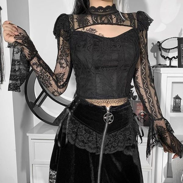 

women's blouses & shirts 2021 autumn winter gothic fashion womens blouse solid color lace ruffle hollow out perspective long sleeve pul, White