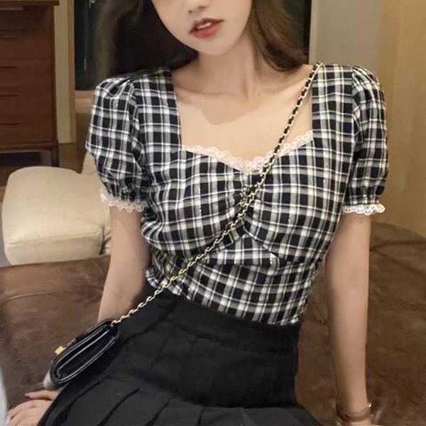 

summer korean slim plaid blouse women square collar puff sleeve short lace casual kawaii clothes 210604, White