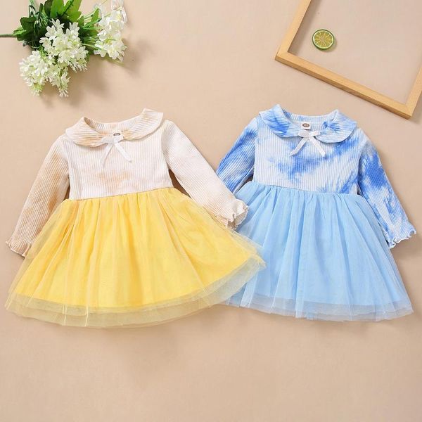 

fall spring baby toddler girls dress princess party gown clothes long sleeve tie dye print layered pleated spliced mesh girl's dresses, Red;yellow