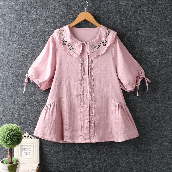 

women's blouses & shirts summer shirt japanese embroidery doll sweet ramie loose, White