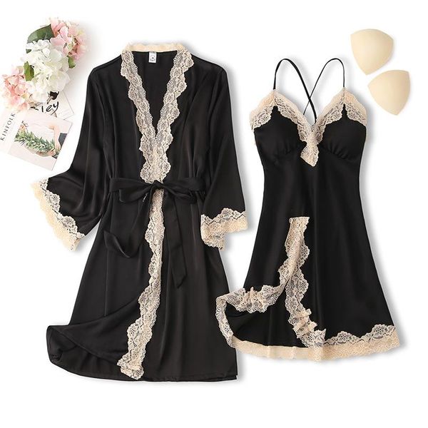 

women's sleepwear nighty&robe set women casual nightwear kimono bathrobe gown satin 2pcs intimate lingerie lounge wear with pads, Black;red