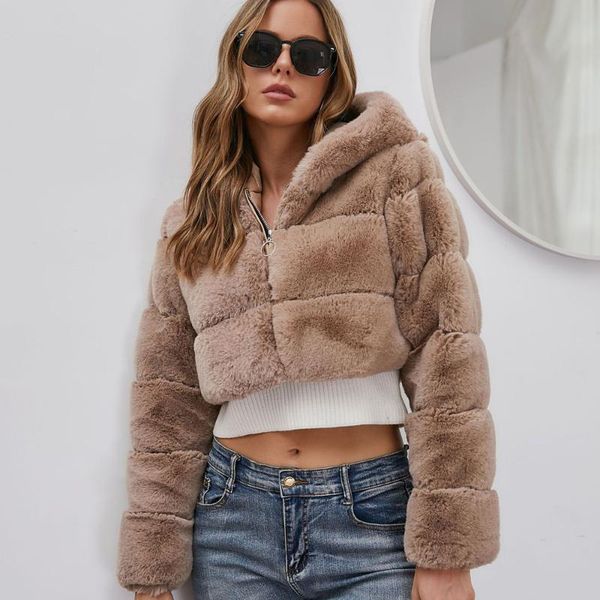 

women's fur & faux furry cropped coats short jackets women fluffy coat with hooded winter luxury jacket manteau femme, Black