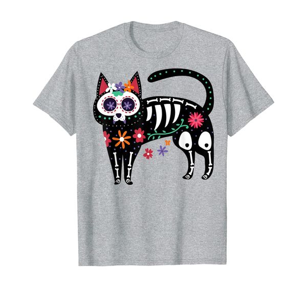 

sugar skull black cat day of dead cute mexican skeleton gift t-shirt, White;black