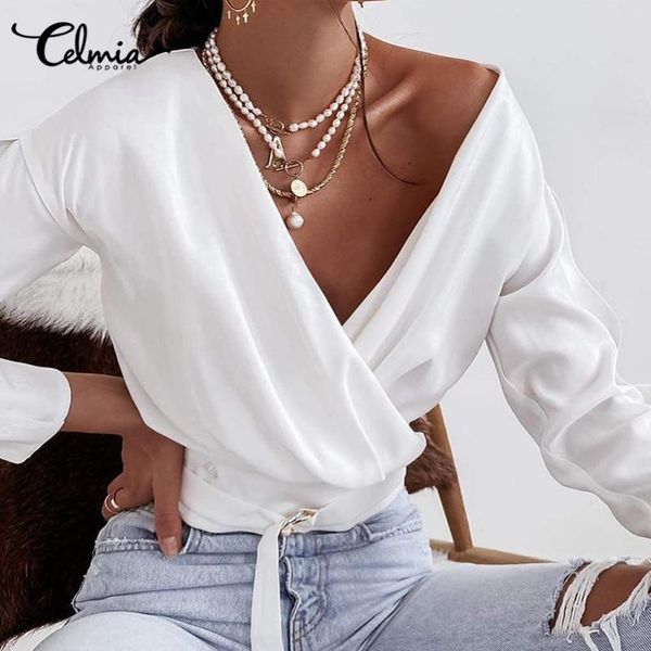

women's blouses & shirts celmia 2021 v neck long sleeve women summer casual solid cross lace up fashion office short tunic blu, White