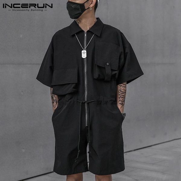

men's shorts 2021 men cargo overalls zipper lapel short sleeve streetwear casual jumpsuits multi pockets solid fashion rompers incerun, White;black