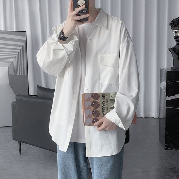 

men's casual shirts autumn solid color fashion business mens long-sleeved wild loose korean dress men -5xl gupe, White;black