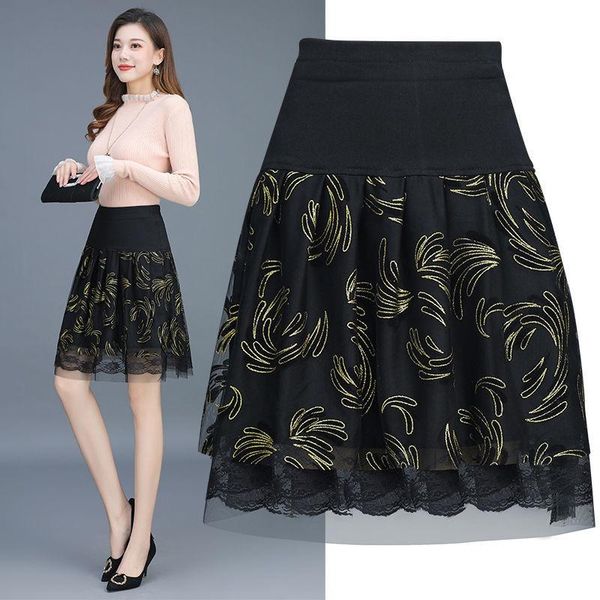 

skirts pleated skirt large size high waist floral woman faldas jupe, Black