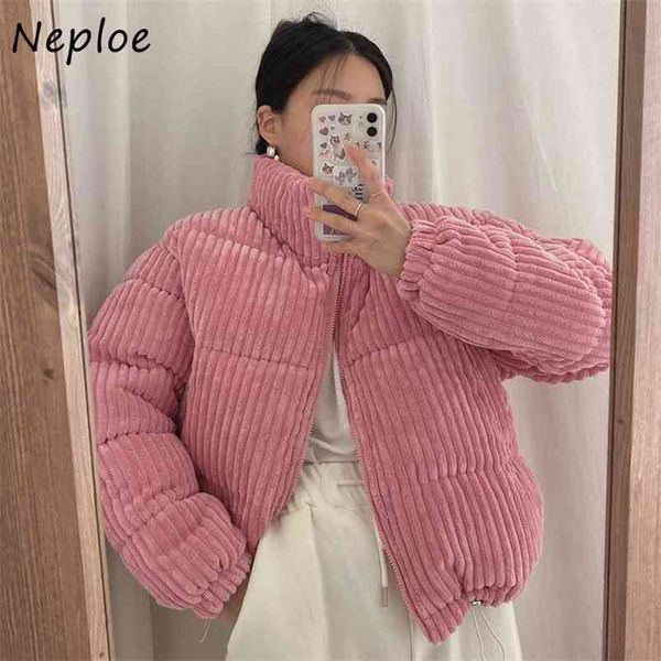 

solid color corduroy stand collar parkas simple all-match loose winter women jacket casual chic drawstring cotton coat 210422, Black;brown