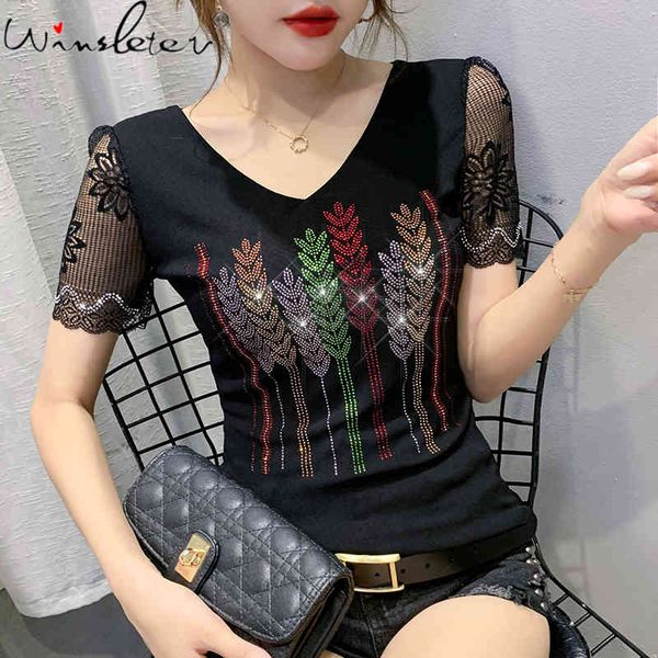 

women's t-shirt summer korean style t-shirt fashion shiny diamonds shirt patchwork lace women ropa mujer all match tees, White