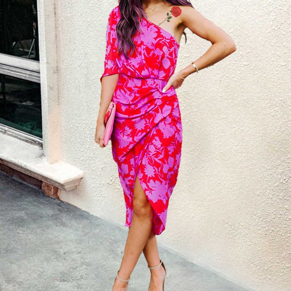

new slant collar off shoulder chiffon loose slim print dress in spring and summer 2021, White